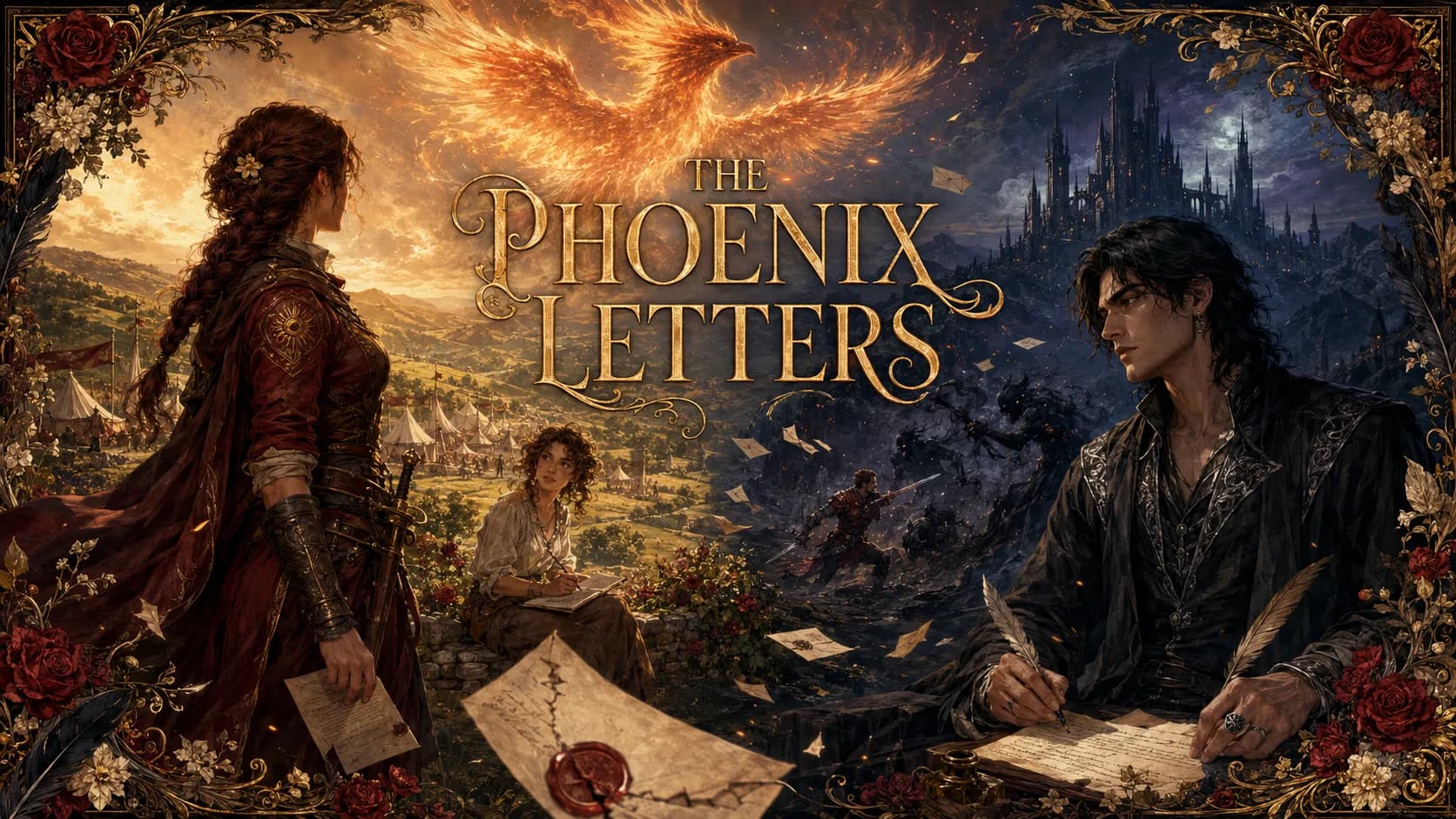The Phoenix Letters: a commander and a court mage stand on opposite sides of a divided landscape, a phoenix burning in the sky above them.